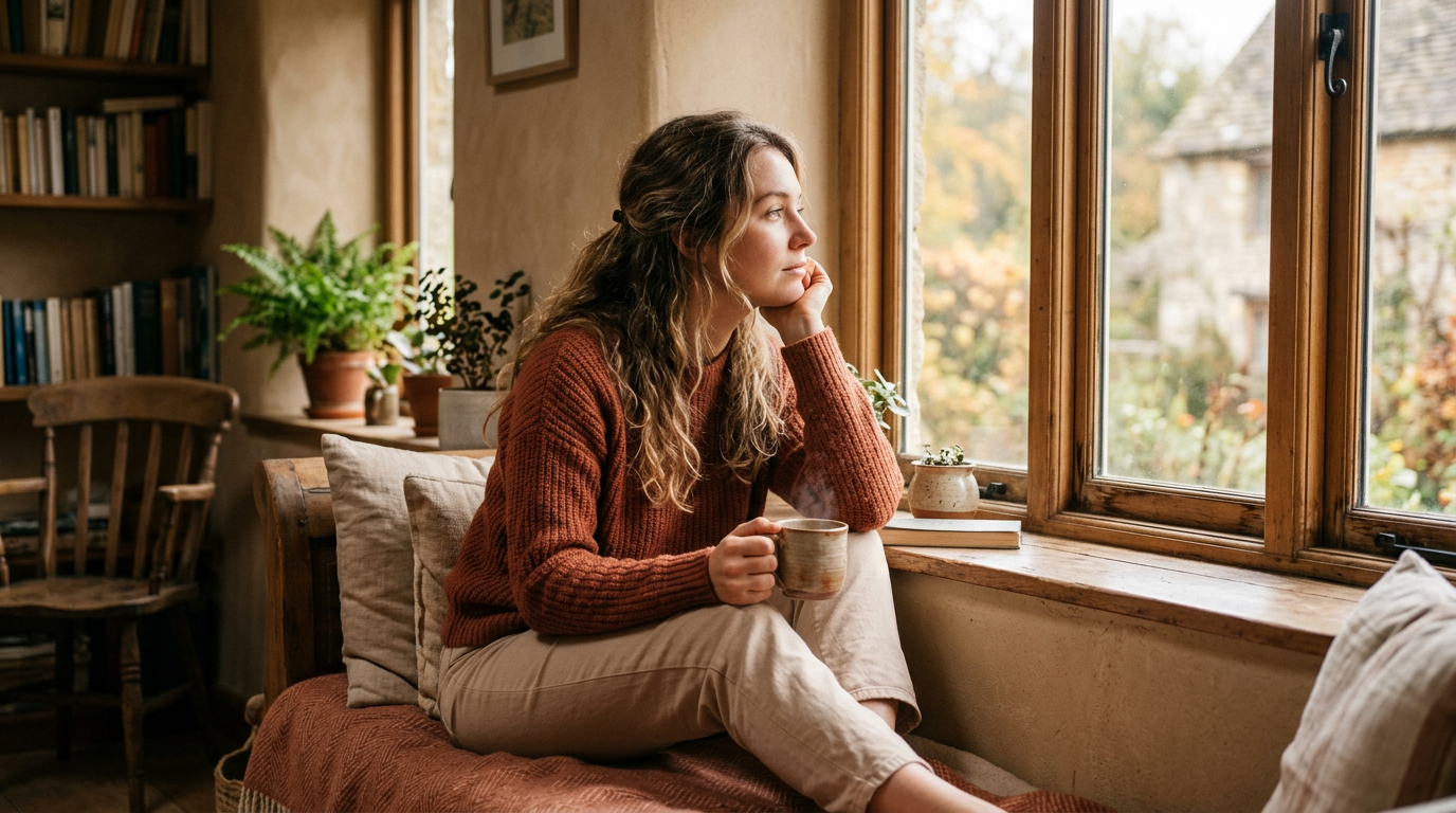 Mulher pensativa sentada à janela com luz natural, tons de terracota e bege