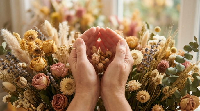 Duas mãos delicadas formando um gesto suave de limite, cercadas por flores secas desabrochando em tons dourados e rosa envelhecido