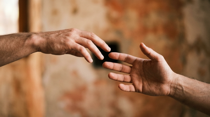 Duas mãos quase se tocando, mas sem se alcançar completamente, como se uma estivesse soltando a outra