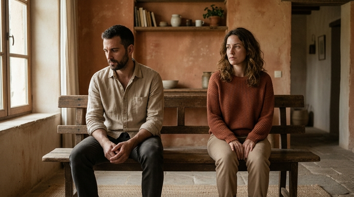 Um casal em silêncio, sentados lado a lado mas com distância entre eles, luz natural lateral criando sombras suaves, expressões introspectivas e tensas sem dramatismo