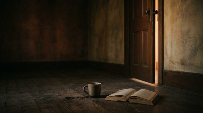 Um quarto vazio e levemente escuro, com luz quente e difusa entrando por uma fresta de porta entreaberta. No chão, uma xícara esquecida e um livro aberto com páginas amareladas