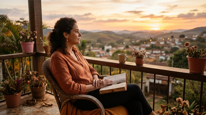 Uma mulher brasileira sentada em uma varanda ou janela aberta ao entardecer, com um caderno no colo e olhar perdido no horizonte