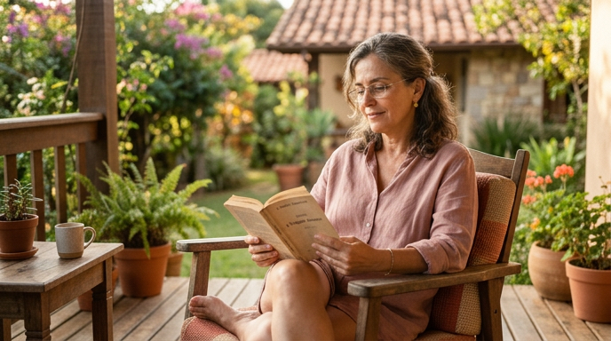 Uma mulher de meia-idade sentada em uma varanda ensolarada, segurando um livro aberto, com expressão serena e introspectiva