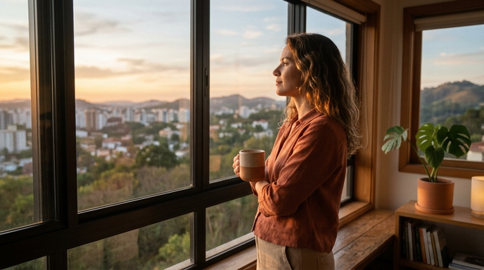 Uma mulher de pé em frente a uma janela grande, olhando para fora com expressão serena e contemplativa