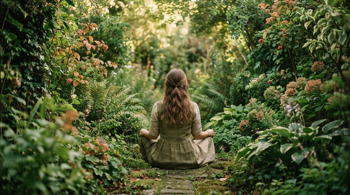 Uma mulher jovem de costas, sentada sozinha no meio de um jardim selvagem e exuberante, com plantas e folhas crescendo ao redor em tons de verde profundo
