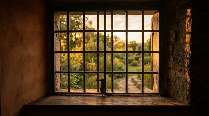 Vista de uma janela gradeada com luz quente e dourada do fim de tarde entrando por entre as grades