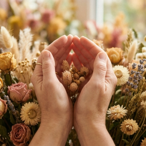 Duas mãos delicadas formando um gesto suave de limite, cercadas por flores secas desabrochando em tons dourados e rosa envelhecido