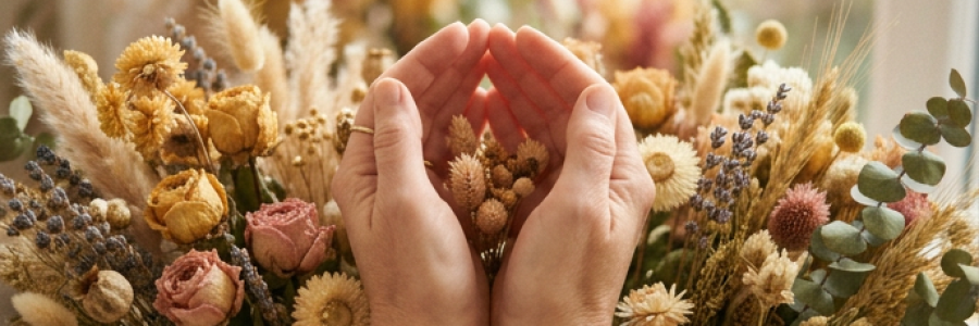 Duas mãos delicadas formando um gesto suave de limite, cercadas por flores secas desabrochando em tons dourados e rosa envelhecido