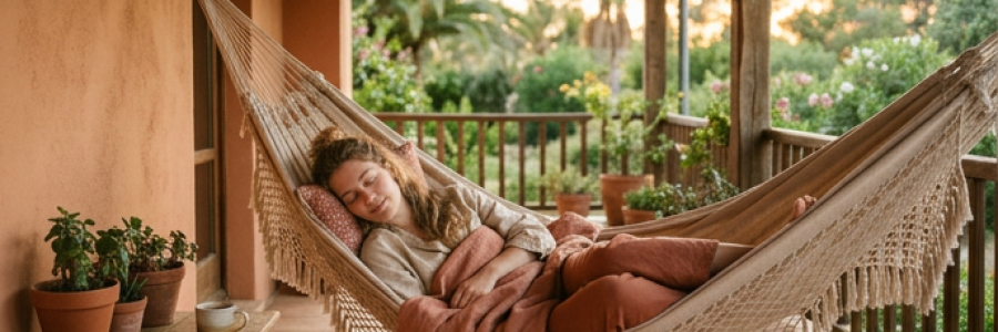 Pessoa em descanso numa rede ou sofá, luz natural suave da tarde, tons terracota e bege