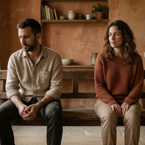 Um casal em silêncio, sentados lado a lado mas com distância entre eles, luz natural lateral criando sombras suaves, expressões introspectivas e tensas sem dramatismo