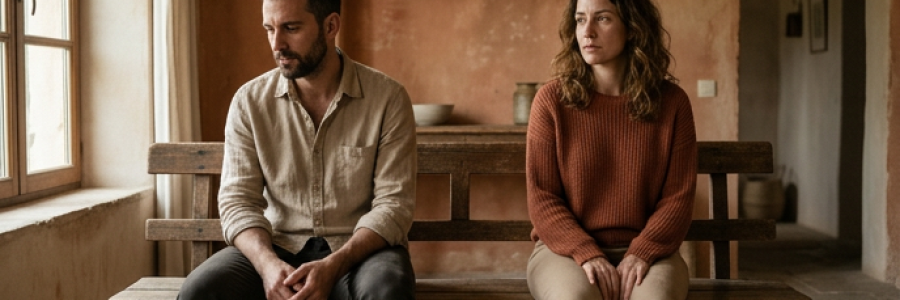 Um casal em silêncio, sentados lado a lado mas com distância entre eles, luz natural lateral criando sombras suaves, expressões introspectivas e tensas sem dramatismo