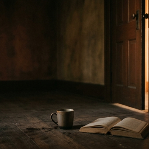 Um quarto vazio e levemente escuro, com luz quente e difusa entrando por uma fresta de porta entreaberta. No chão, uma xícara esquecida e um livro aberto com páginas amareladas