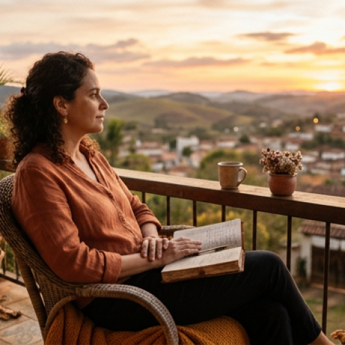 Uma mulher brasileira sentada em uma varanda ou janela aberta ao entardecer, com um caderno no colo e olhar perdido no horizonte