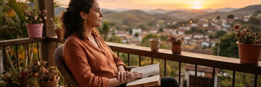 Uma mulher brasileira sentada em uma varanda ou janela aberta ao entardecer, com um caderno no colo e olhar perdido no horizonte