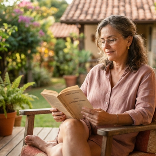 Uma mulher de meia-idade sentada em uma varanda ensolarada, segurando um livro aberto, com expressão serena e introspectiva