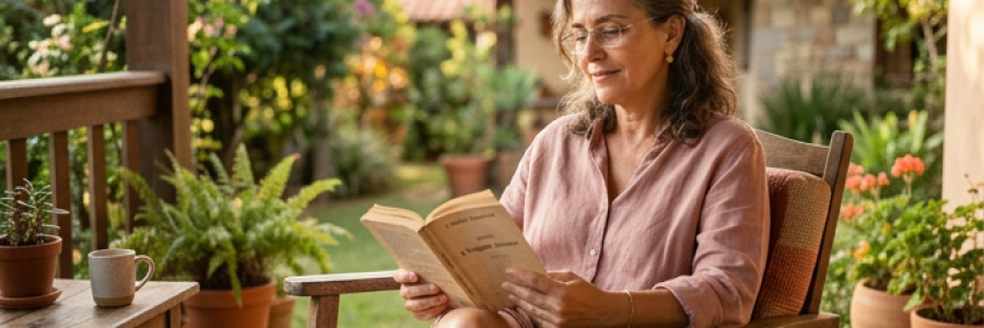 Uma mulher de meia-idade sentada em uma varanda ensolarada, segurando um livro aberto, com expressão serena e introspectiva