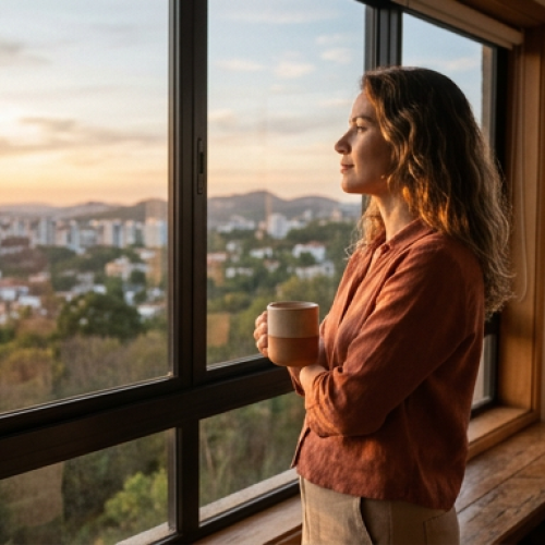 Uma mulher de pé em frente a uma janela grande, olhando para fora com expressão serena e contemplativa