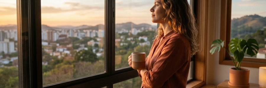 Uma mulher de pé em frente a uma janela grande, olhando para fora com expressão serena e contemplativa