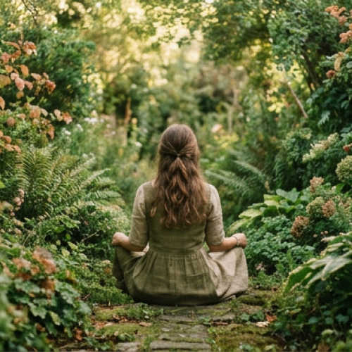 Uma mulher jovem de costas, sentada sozinha no meio de um jardim selvagem e exuberante, com plantas e folhas crescendo ao redor em tons de verde profundo