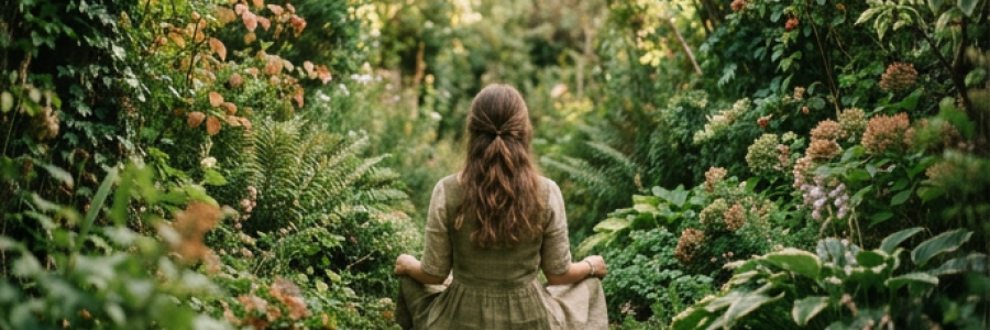 Uma mulher jovem de costas, sentada sozinha no meio de um jardim selvagem e exuberante, com plantas e folhas crescendo ao redor em tons de verde profundo
