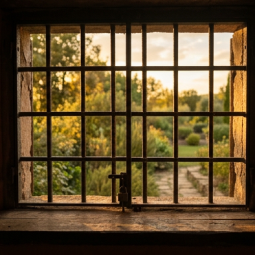 Vista de uma janela gradeada com luz quente e dourada do fim de tarde entrando por entre as grades