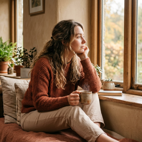 Mulher pensativa sentada à janela com luz natural, tons de terracota e bege