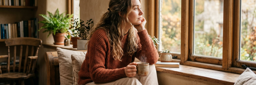 Mulher pensativa sentada à janela com luz natural, tons de terracota e bege